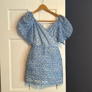C/Meo Collective puff sleeve mini dress Blue floral.